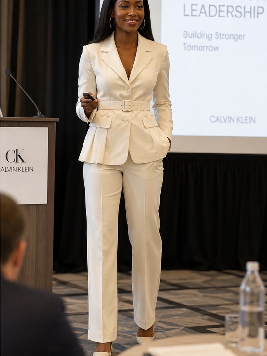 Calvin Klein Jackets & Blazers - Calvin Klein Women's Cream Belted Peplum Blazer with Straight Trousers